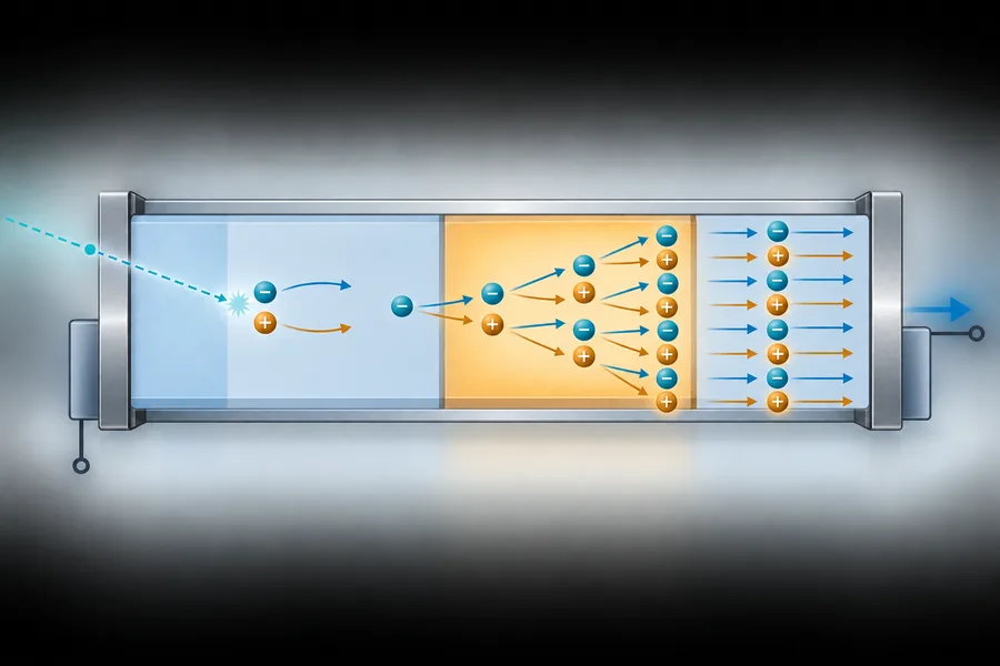 Cross-section concept showing a photon entering an avalanche photodiode and carrier multiplication inside the high-field region.