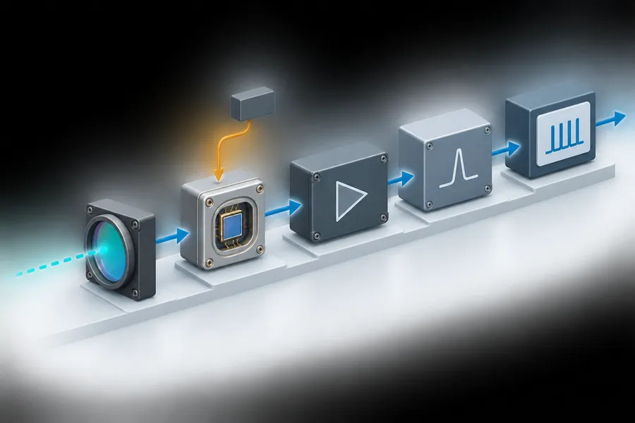 Receiver-chain diagram showing optical filtering, APD detection, transimpedance amplification, pulse qualification, and timing data.