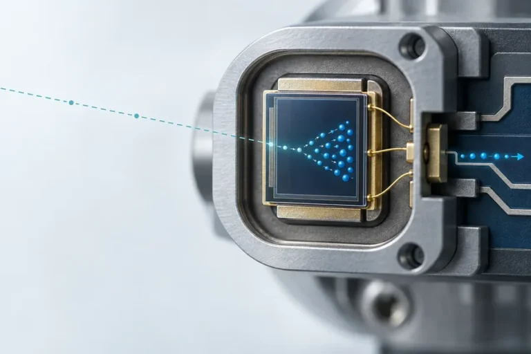 Conceptual avalanche photodiode receiver core converting a weak optical return into a stronger electrical signal.