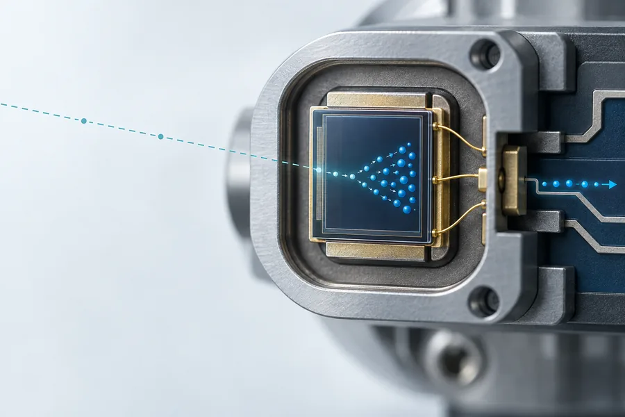 Conceptual avalanche photodiode receiver core converting a weak optical return into a stronger electrical signal.