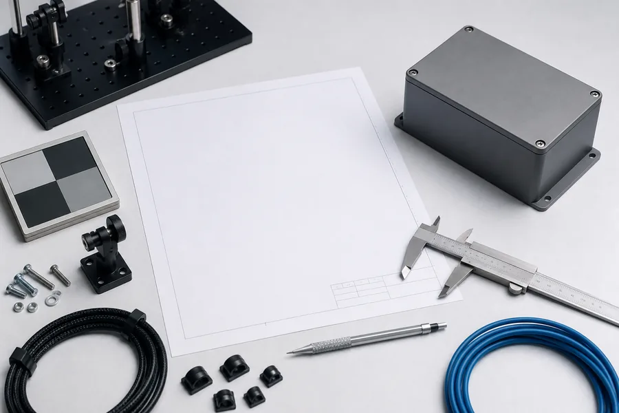 Conceptual OEM planning workbench with a blank technical drawing, target sample, calipers, cable-routing parts, and a neutral enclosure.