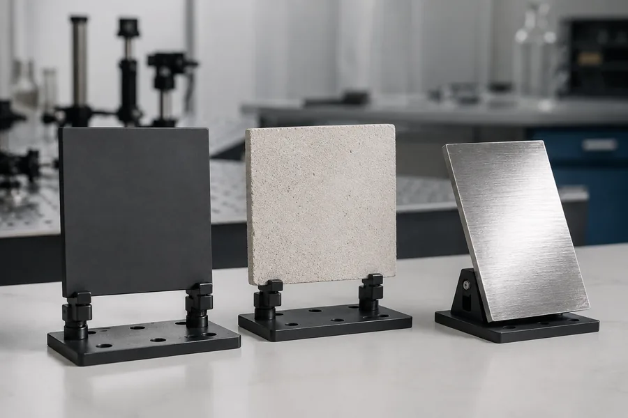 Conceptual target-material still life showing matte dark, rough light, and angled metallic surfaces that create different return conditions.