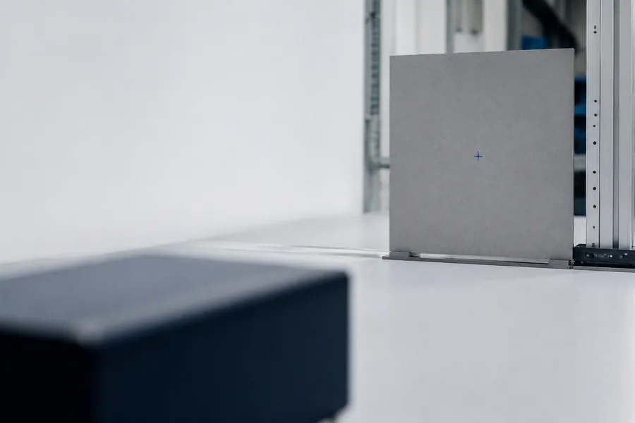 Conceptual industrial measurement scene with a neutral target panel positioned along a controlled optical work area.