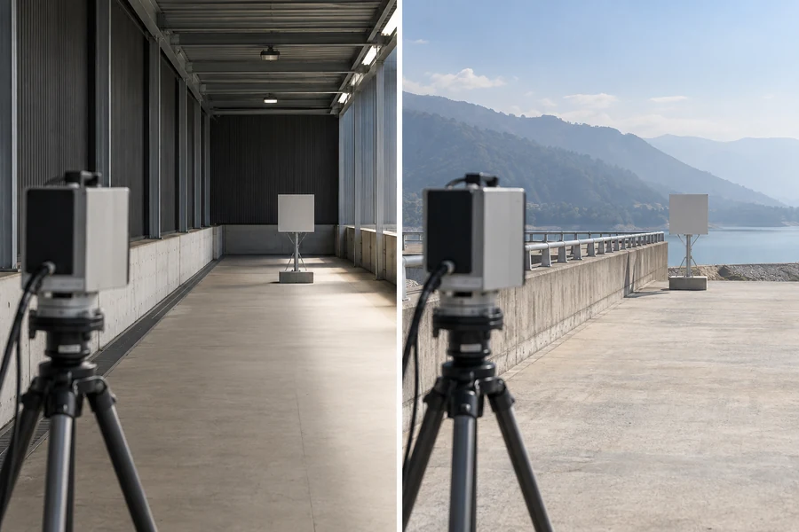 Conceptual comparison of a controlled indoor baseline and an application-relevant outdoor range test under bright background and atmospheric variation.
