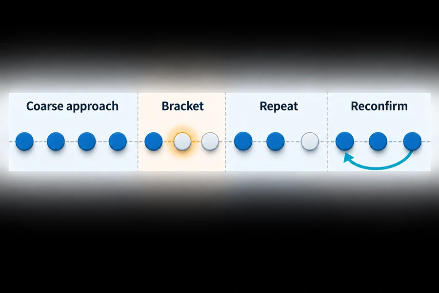 Stepped workflow showing coarse approach, boundary bracketing, repeated trials, and reconfirmation for maximum-range verification.