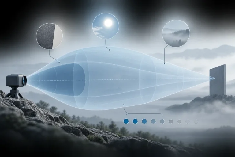 Conceptual range-performance envelope shaped by target, environment, instrument settings, and repeated valid returns.