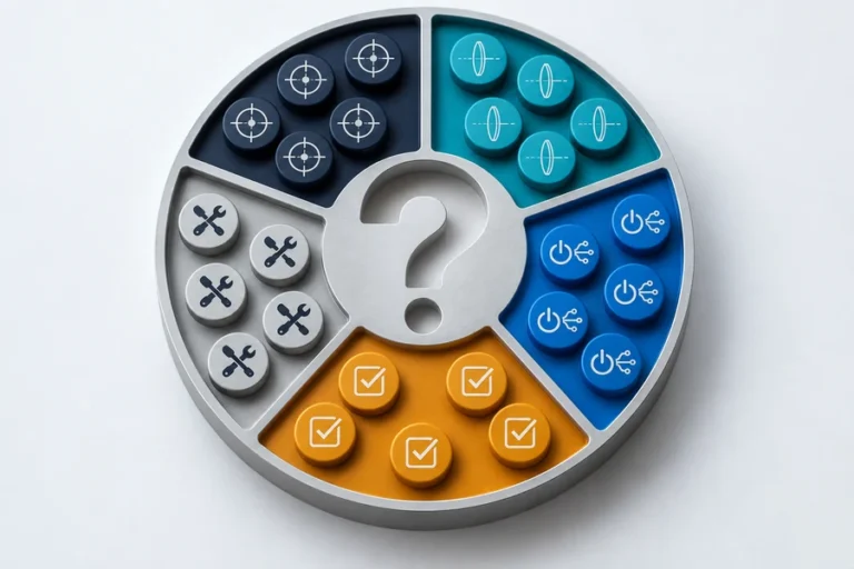 Engineering question index organized into selection, optics, electronics, validation, and supply categories for laser rangefinder module integration.