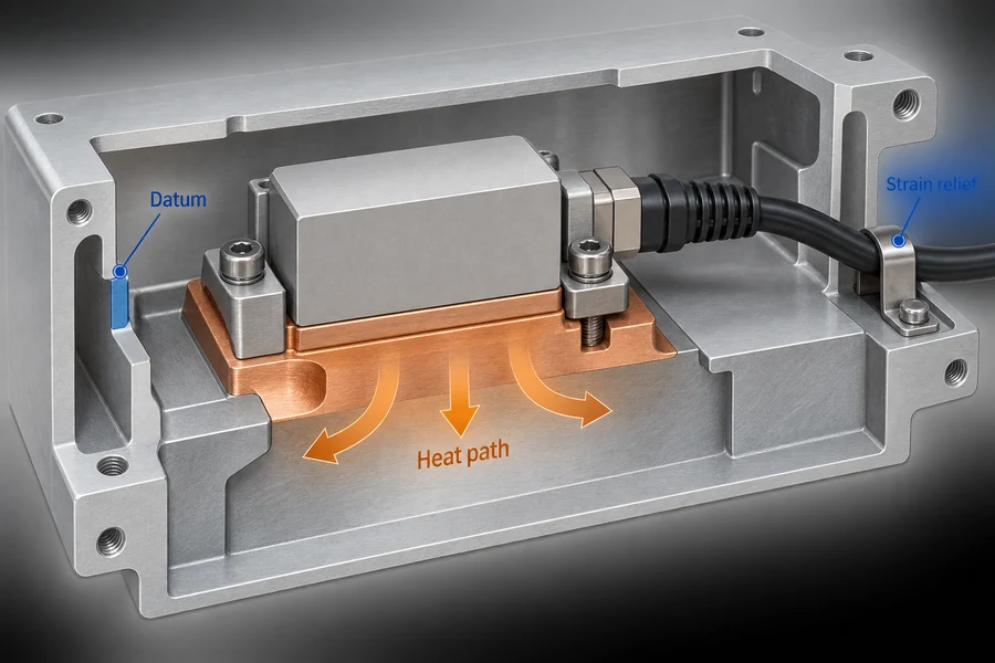 Conceptual enclosure cutaway showing a repeatable mounting datum, fastener load path, cable strain relief, and conductive heat path to the host chassis.