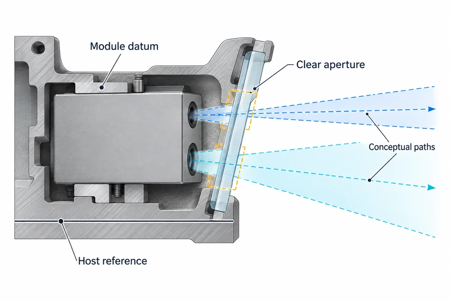 Technical cutaway showing conceptual transmit and receive clearances through a host window, tied to module and host datums.