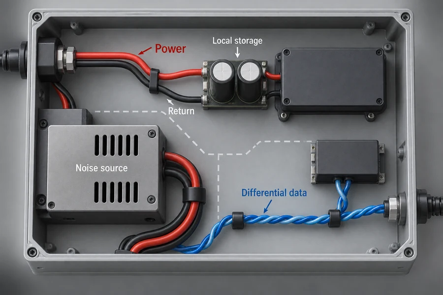 Conceptual enclosure routing comparison with a short power path, local energy storage, a controlled return, and a separated differential data pair.
