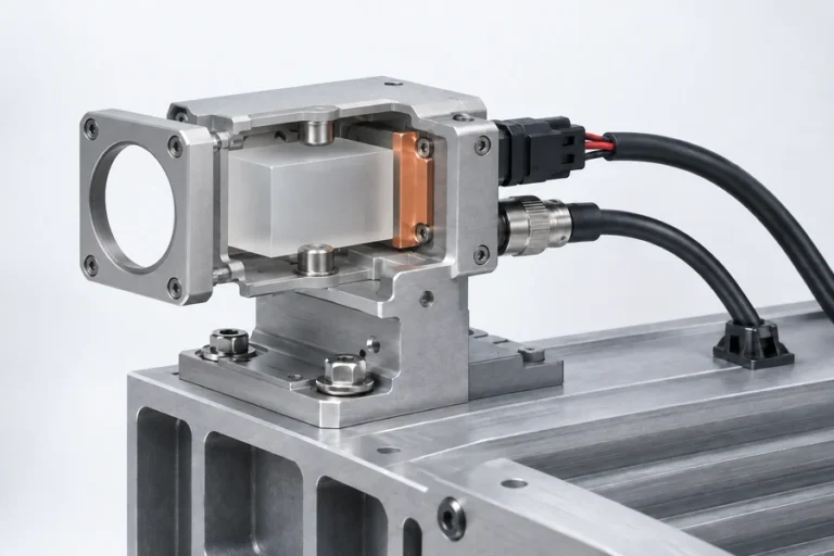 Conceptual OEM rangefinder integration fixture bringing optical, mechanical, thermal, power, and data interfaces into one controlled assembly.