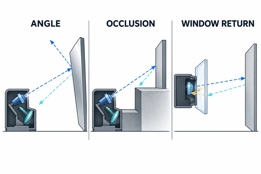 Conceptual illustration of target angle, edge occlusion, and protective-window paths that affect triangulation and time-of-flight sensors differently.