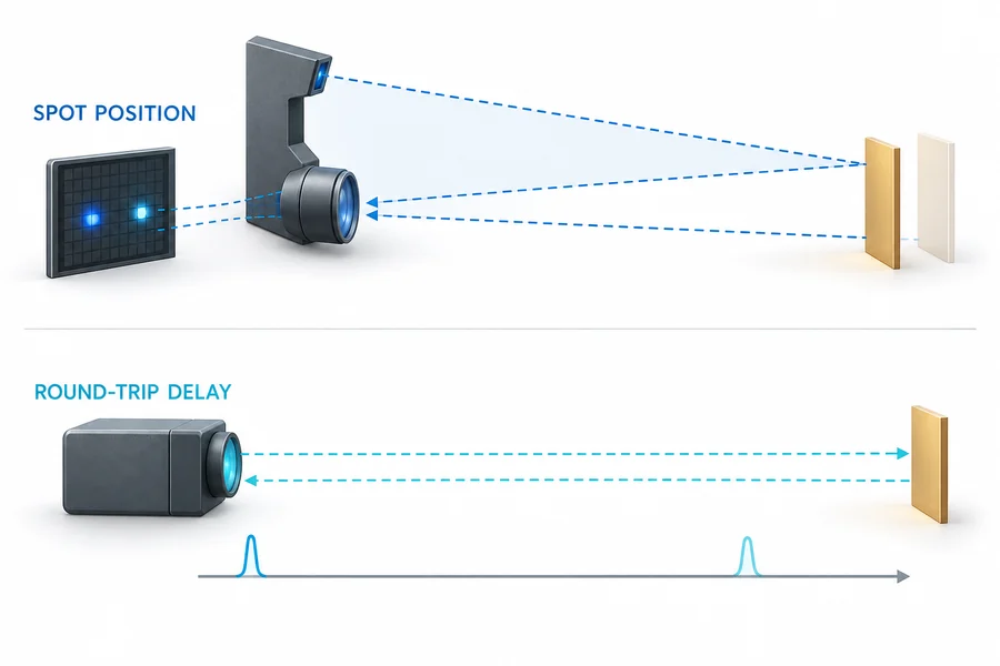 Diagram comparing spot-position measurement in laser triangulation with pulse-delay measurement in time-of-flight sensing.