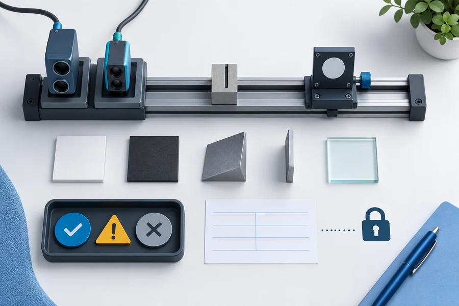 Conceptual validation bench organizing a reference target, interchangeable measurement heads, target samples, and a configuration record for method selection.