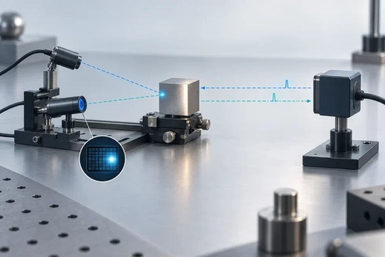 Conceptual comparison of laser triangulation spot-position measurement and time-of-flight pulse-delay measurement.