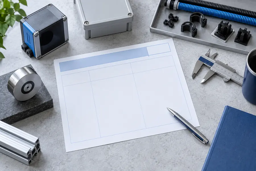 Conceptual OEM planning desk with a blank configuration sheet, target sample, calipers, cable-routing parts, and neutral enclosures.