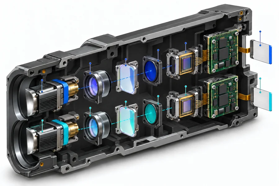 Conceptual cutaway showing two wavelength-matched source, optics, filter, detector, electronics, and calibration stacks inside a host enclosure.