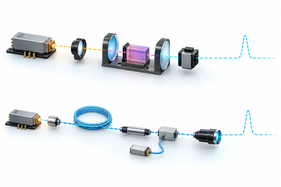 Conceptual comparison of a compact bulk-glass source architecture and a guided-fiber source chain near the 1.5 micrometer region.