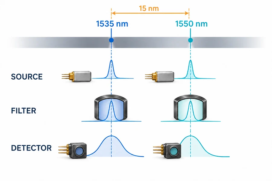 Spectral matching diagram showing 1535 nm and 1550 nm source, filter, and detector relationships separated by 15 nm.
