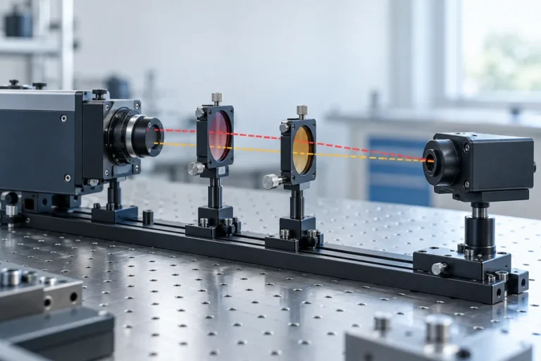 Conceptual spectral test bench comparing two nearby infrared wavelength paths through matched optics.