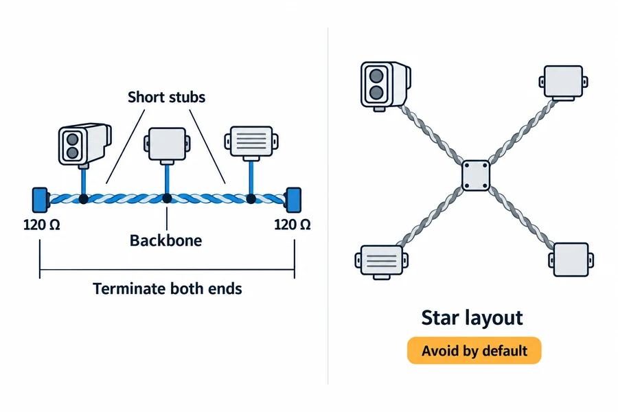 CAN topology decision graphic comparing a correctly terminated backbone with short stubs against an unterminated star layout