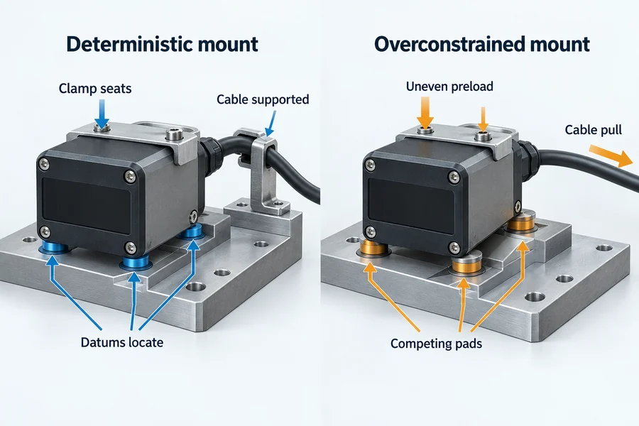 Mechanical comparison of a deterministic three-datum mount and an overconstrained mount distorted by uneven clamp and cable forces.