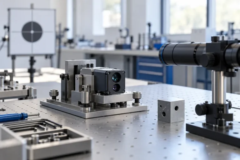 Konzeptionelle Laser-Entfernungsmesser-Boresight-Ausrichtungsvorrichtung, die Modul, Host-Bezugspunkte und eine entfernte Zielebene verbindet.