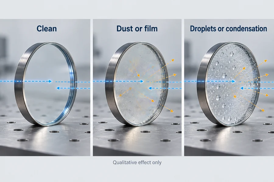 Inspección conceptual de tres paneles que muestra una ventana limpia, contaminación por polvo o película, y gotas o condensación que afectan las trayectorias de transmisión y recepción.