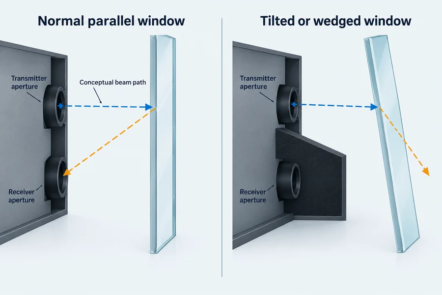 Corte transversal que compara una ventana paralela normal que redirige una reflexión superficial hacia el receptor con una ventana inclinada o en cuña y un baffle que dirigen la reflexión lejos.