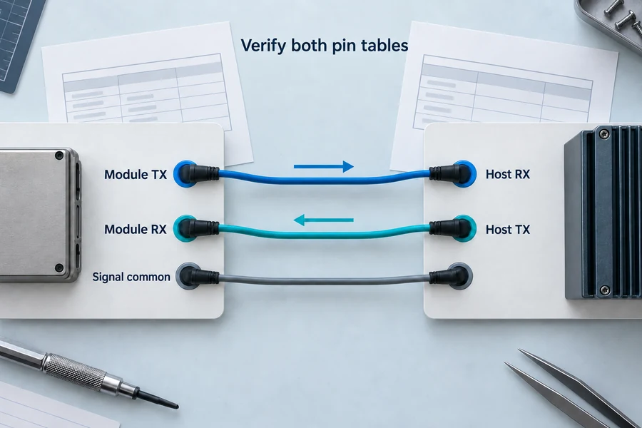 Role-mapping graphic for module transmit, host receive, module receive, host transmit, and signal common