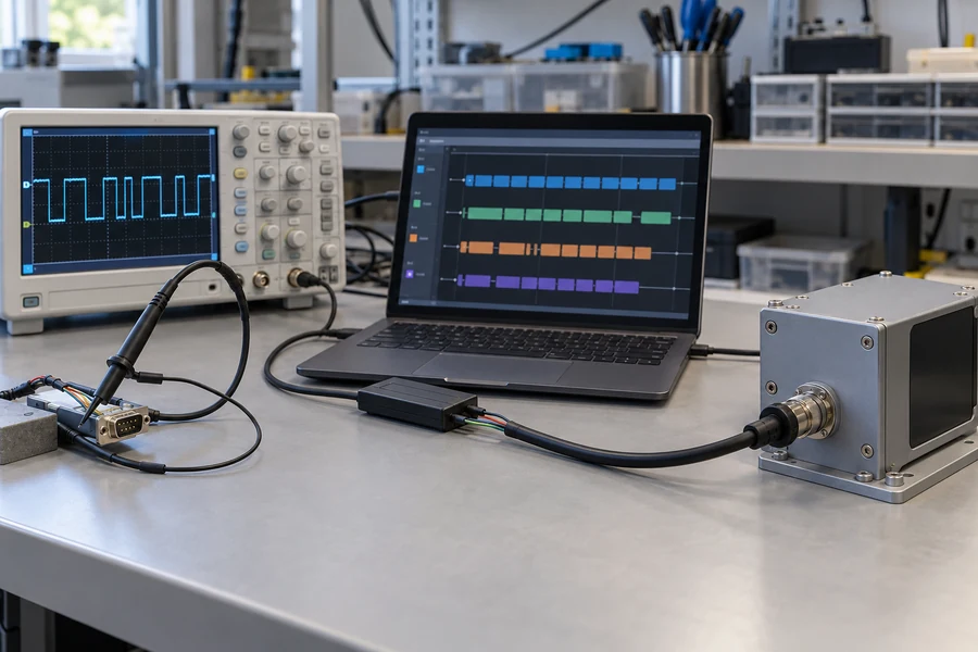 Three-stage validation scene covering RS-232 electrical checks, frame recovery, and installed-system acceptance