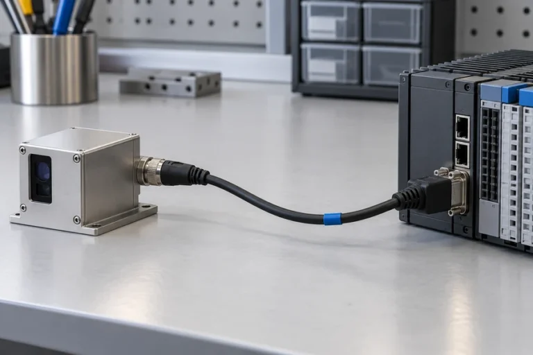 Conceptual RS-232 cable handoff between a compact laser rangefinder module enclosure and an industrial host controller